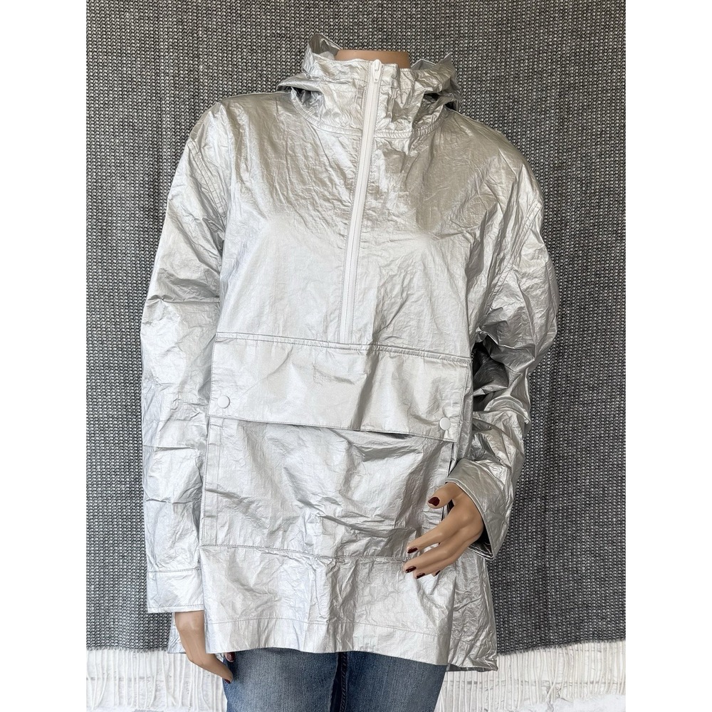 T Alexander Wang Women Sz 4 Anorak Rain Jacket Oversized Metallic Silver Shiny